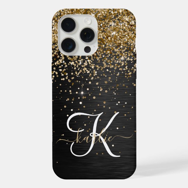 Custom Gold Glitzer Black Sparkgram Monogram iPhone 15 Pro Max Hülle (Rückseite)