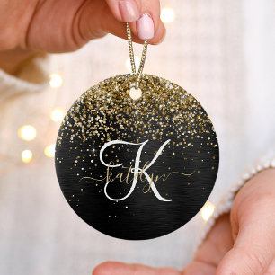 Custom Gold Glitzer Black Sparkgram Monogram Keramik Ornament
