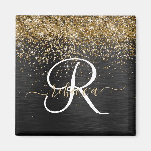 Custom Gold Glitzer Black Sparkgram Monogram Magnet