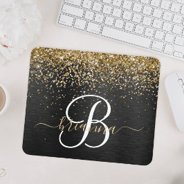 Custom Gold Glitzer Black Sparkgram Monogram Mousepad