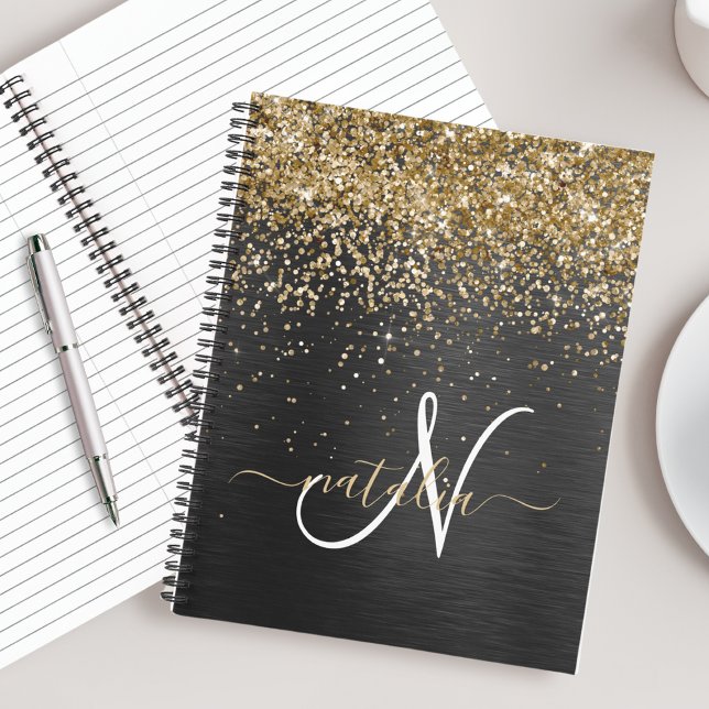 Custom Gold Glitzer Black Sparkgram Monogram Notizbuch (Von Creator hochgeladen)