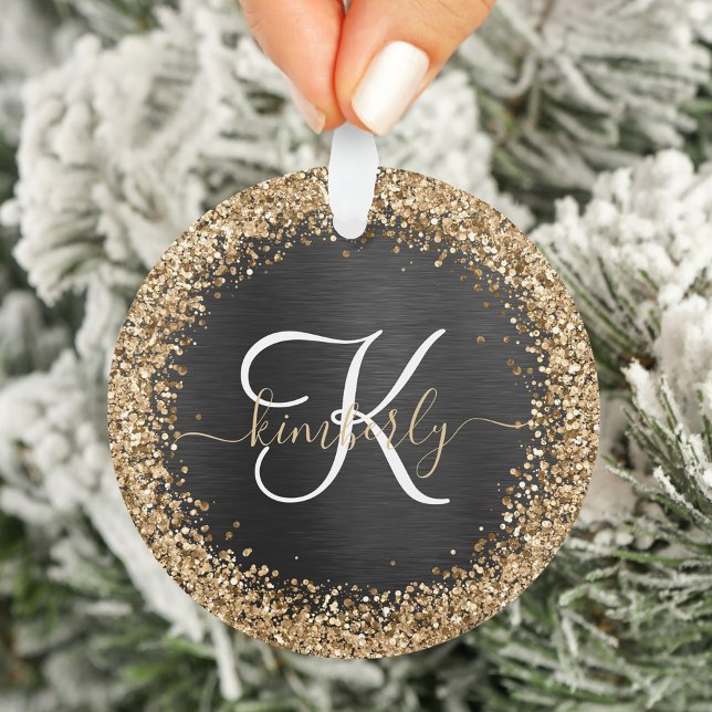 Custom Gold Glitzer Black Sparkgram Monogram Ornament (Von Creator hochgeladen)