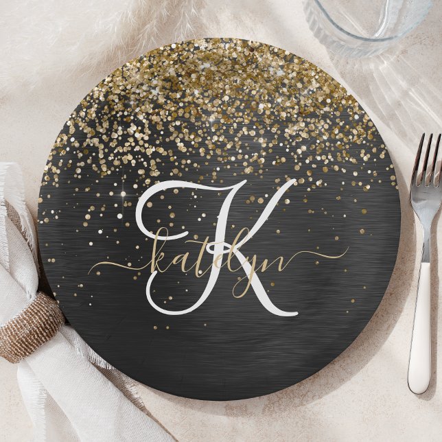 Custom Gold Glitzer Black Sparkgram Monogram Pappteller (Von Creator hochgeladen)