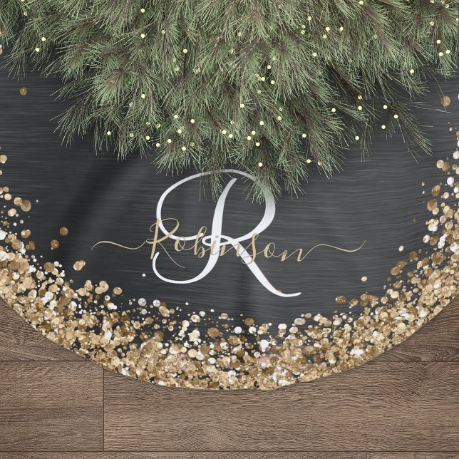 Custom Gold Glitzer Black Sparkgram Monogram Polyester Weihnachtsbaumdecke (Von Creator hochgeladen)