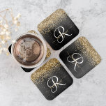 Custom Gold Glitzer Black Sparkgram Monogram Rechteckiger Pappuntersetzer<br><div class="desc">Dieses trendige,  elegante,  quadratische Untersetzer-Set-Design mit hübschem goldglänzenden Glitzer auf schwarz gebürstetem metallischem Hintergrund ist einfach zu personalisieren.</div>