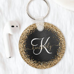 Custom Gold Glitzer Black Sparkgram Monogram Schlüsselanhänger<br><div class="desc">Dieses trendige und elegante Design mit hübschem goldglänzenden Glitzer auf schwarz gebürstetem metallischem Hintergrund verleiht diesem Schlüsselanhänger eine angenehme Note.</div>