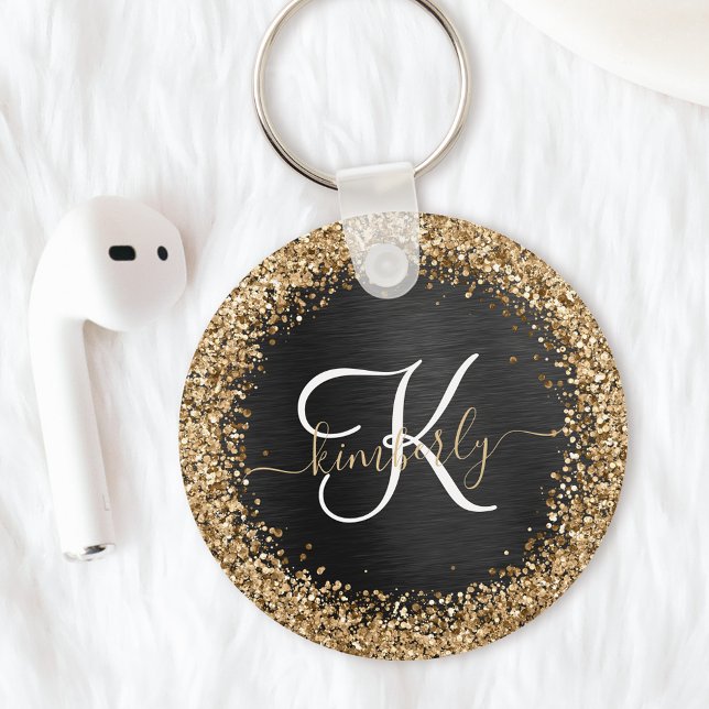 Custom Gold Glitzer Black Sparkgram Monogram Schlüsselanhänger (Von Creator hochgeladen)