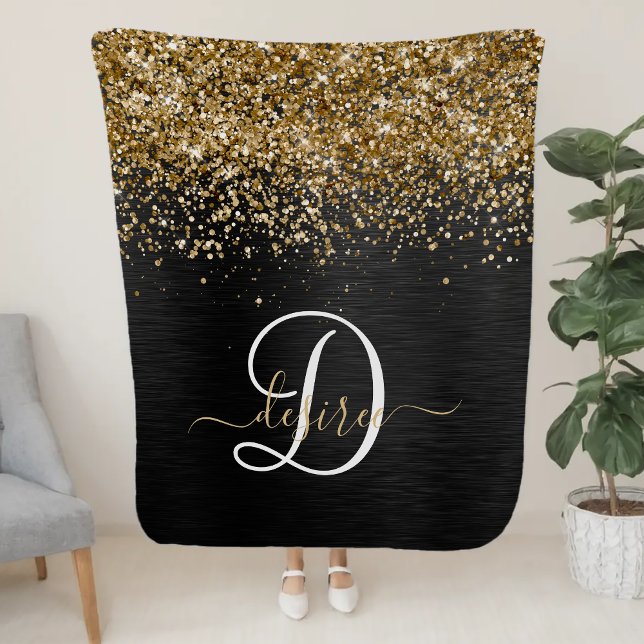 Custom Gold Glitzer Black Sparkgram Monogram Sherpadecke (Von Creator hochgeladen)
