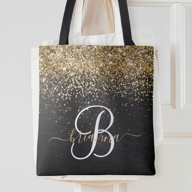 Custom Gold Glitzer Black Sparkgram Monogram Tasche (Von Creator hochgeladen)