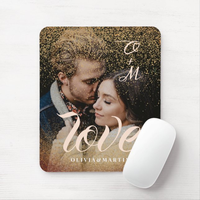 Custom Gold Glitzer Couple Foto Mit Monogramm Mousepad (Mit Mouse)