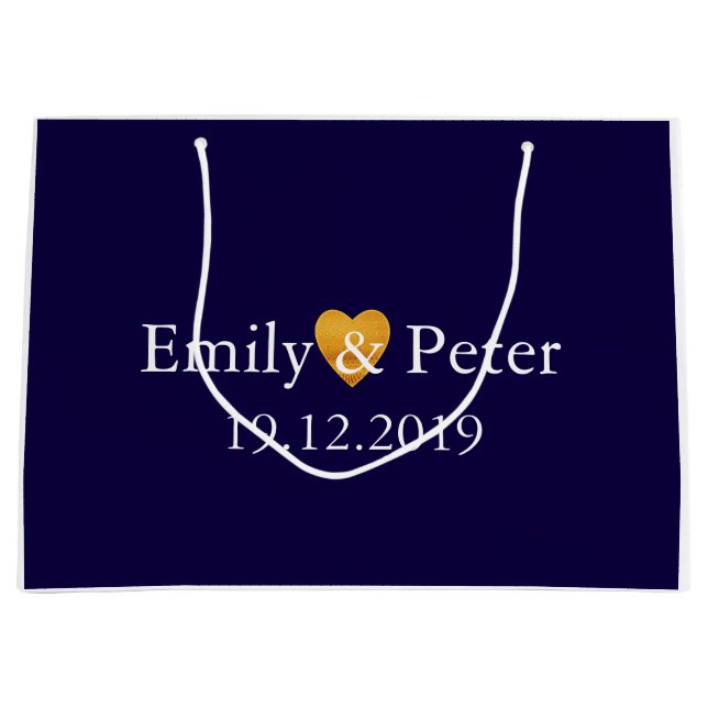 Custom Gold Heart Navy Blue Große Hochzeit Große Geschenktüte (Vorderseite)