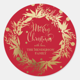 Custom Gold Red Christmas Eucalyptus Wreath Runder Aufkleber