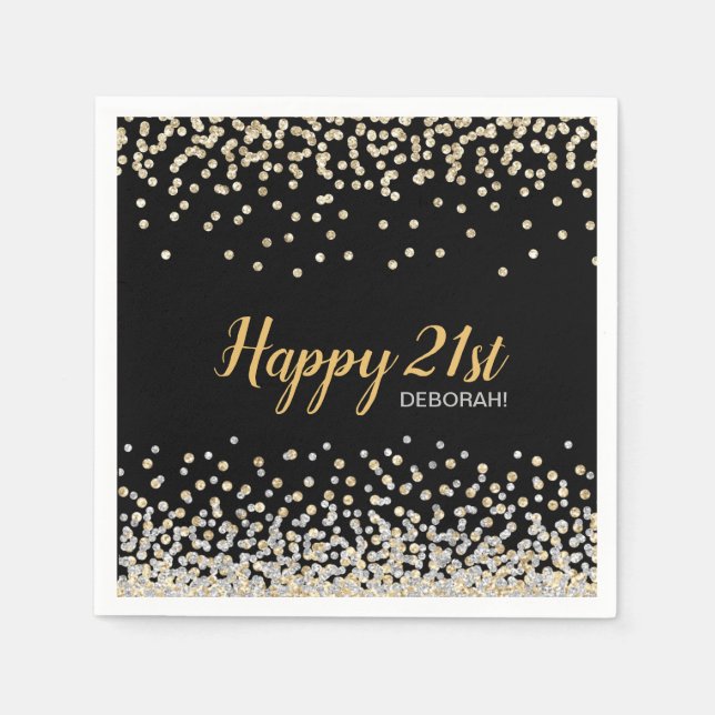 Custom Gold Silver Confetti 21. Geburtstag Party Serviette (Vorderseite)