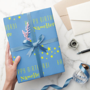 Custom Gold Stars und Moon Happy Birthday Blue Geschenkpapier