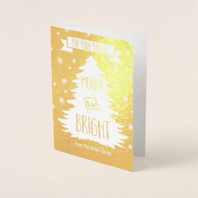 Custom Gold Weihnachtsbaum Merry and Bright Folienkarte (Vorderseite)