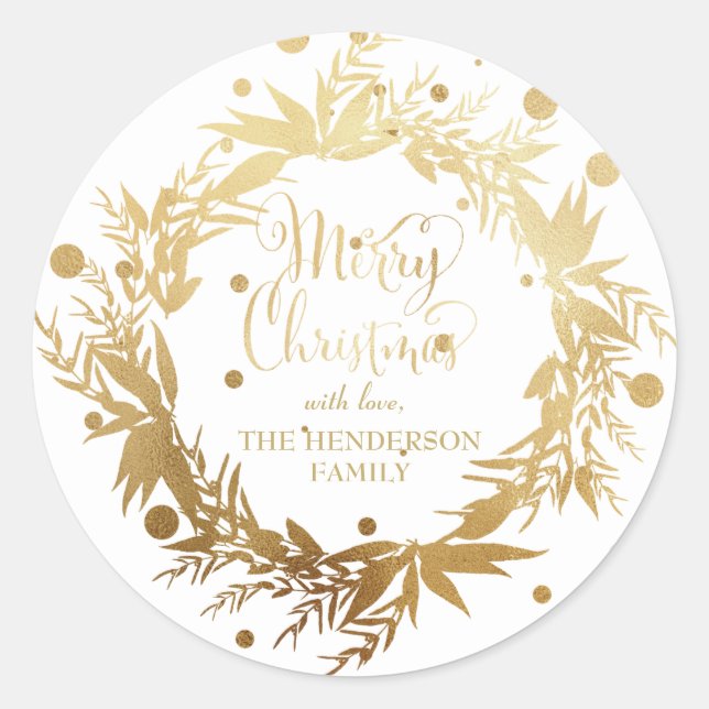 Custom Gold White Christmas Eucalyptus Wreath Runder Aufkleber (Vorderseite)