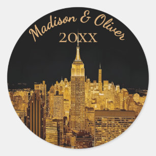 Custom Golden Night Skyline Hochzeit Runder Aufkleber