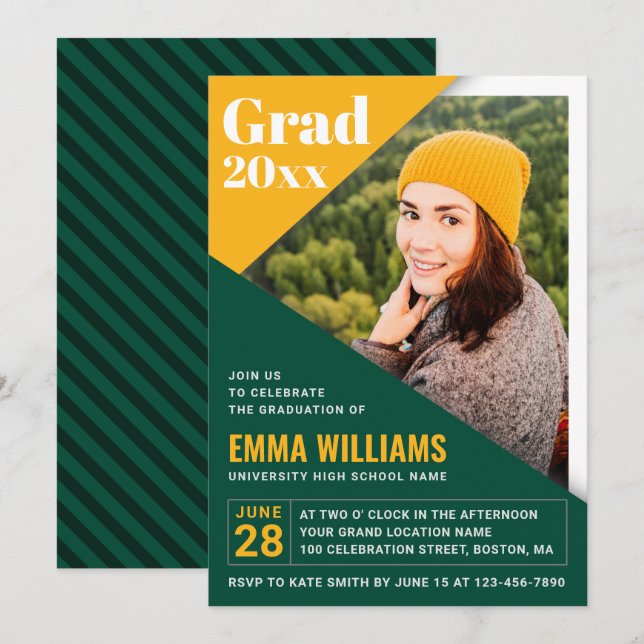 Custom Grad Modern Green Yellow | FOTO ABSCHLUSS Einladung (Vorne/Hinten)