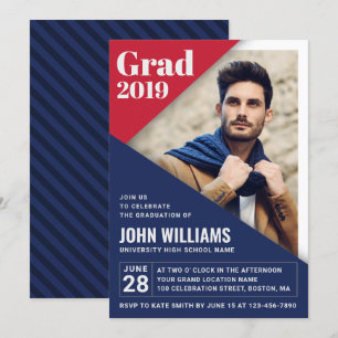 Custom GRAD Modern Red Blue White Foto Abschluss Einladung