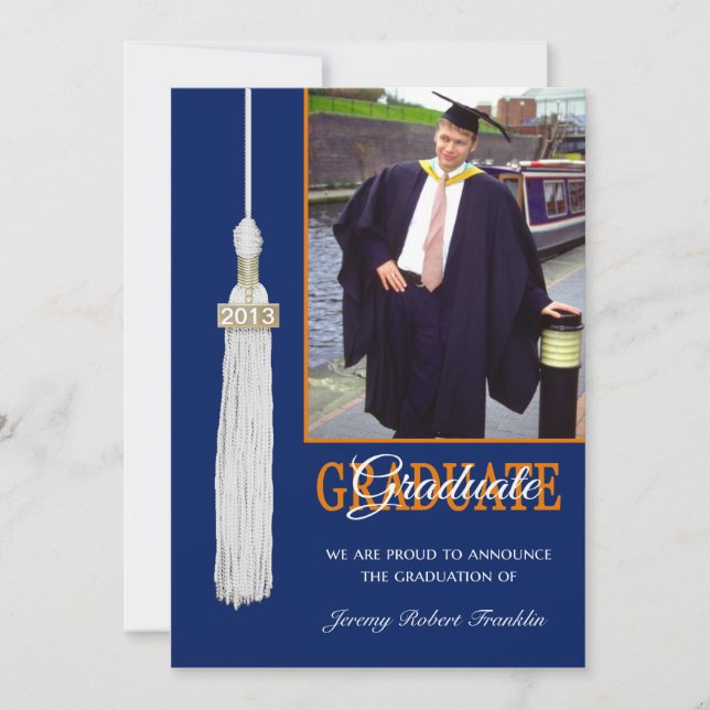 Custom Graduation Party Invite Blue/Orange Tassel Einladung (Vorderseite)