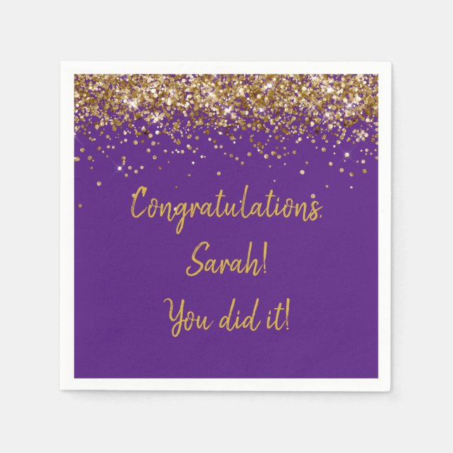 Custom Graduation Party Personalisiert Lila & Gold Serviette (Vorderseite)