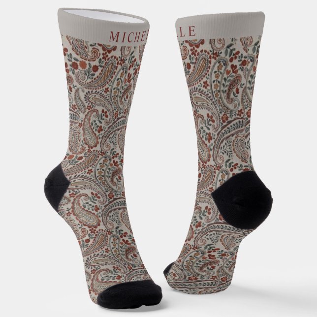 Custom Grau Brown Red Paisley Muster Socken (Gewinkelt)