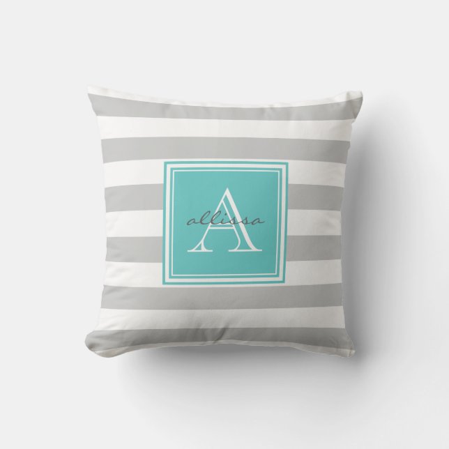 CUSTOM Gray Aqua Mit Monogramm Awning Strip Kissen (Vorderseite)