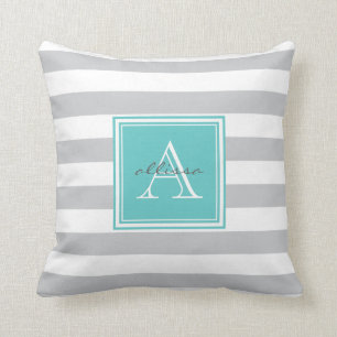 CUSTOM Gray Aqua Mit Monogramm Awning Strip Kissen