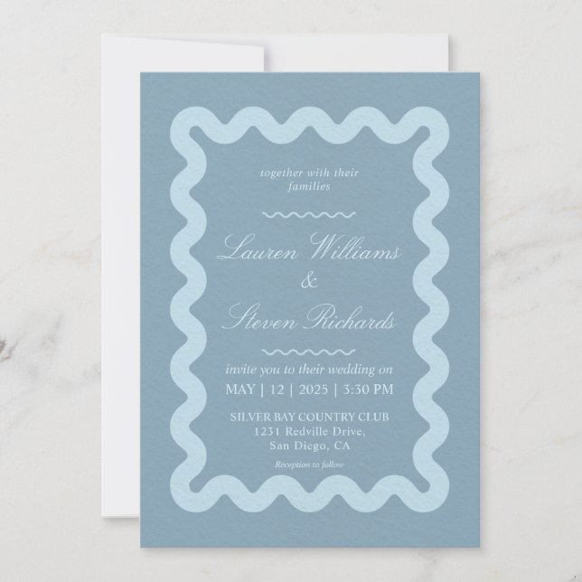 Custom Gray Blue Billows Border Wedding Einladung (Vorderseite)