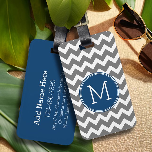 Custom Gray Navy Blue Zickzack Pattern Monogram Gepäckanhänger (Personalized luggage tag - Add Your contact information and monogram)