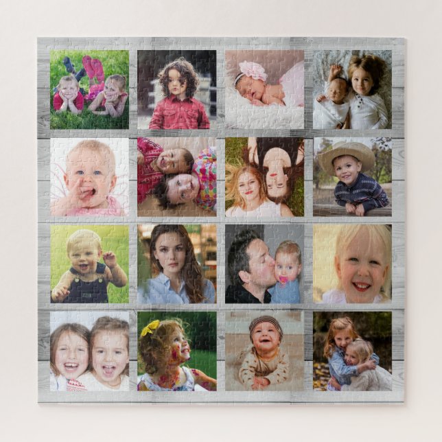 Custom Gray Wood 16 Square Familie Foto Collage (Vertikal)