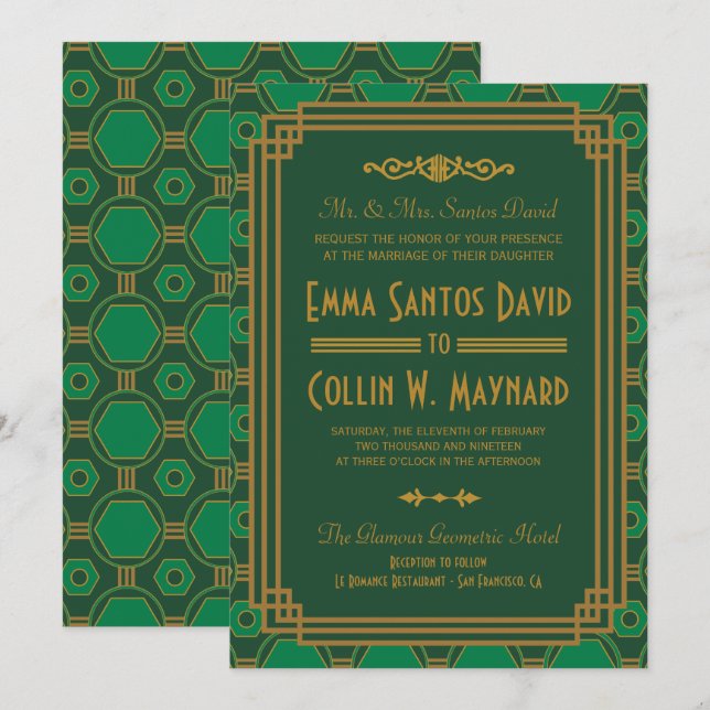 Custom Green Art Deco Wedding lädt ein Einladung (Vorne/Hinten)