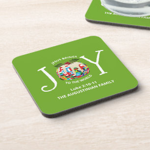 Custom Green Christmas JOY TO THE WORLD Getränkeuntersetzer