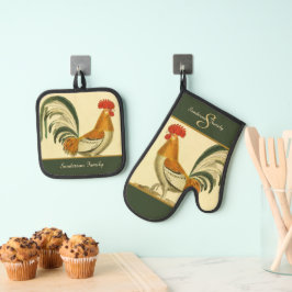 Custom Green Farm Vintag Rooster Monogramm Ofenhandschuh & Topflappen-Set
