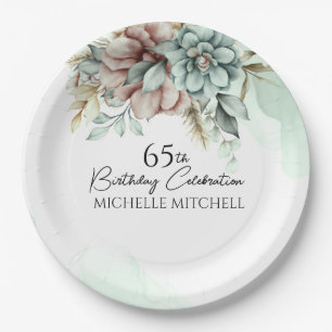 Custom Green Floral Vintag 65. Geburtstag Pappteller
