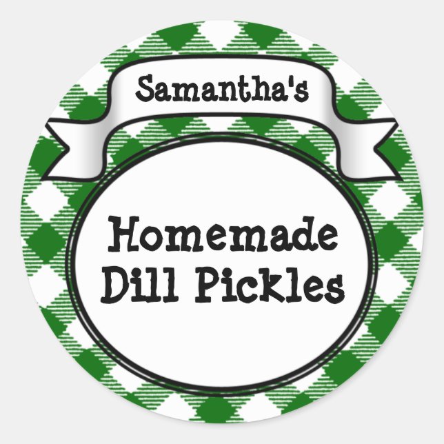 Custom Green Gingham Pickle Jar/Lid Label Runder Aufkleber (Vorderseite)