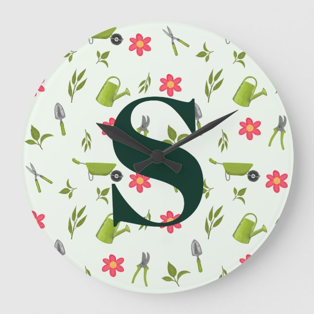 Custom Green Monogram Garding Große Wanduhr (Vorderseite)