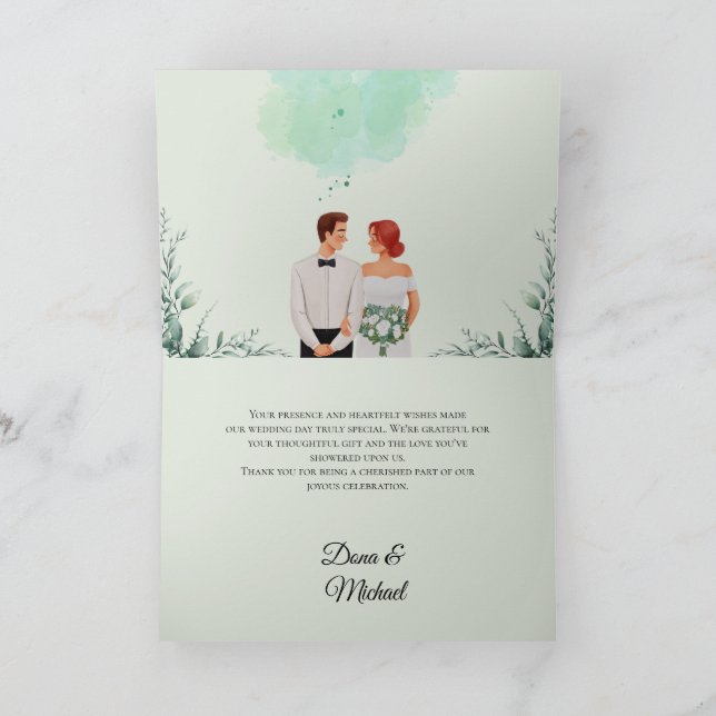 Custom green watercolor flowy wedding dankeskarte (Innenseite)