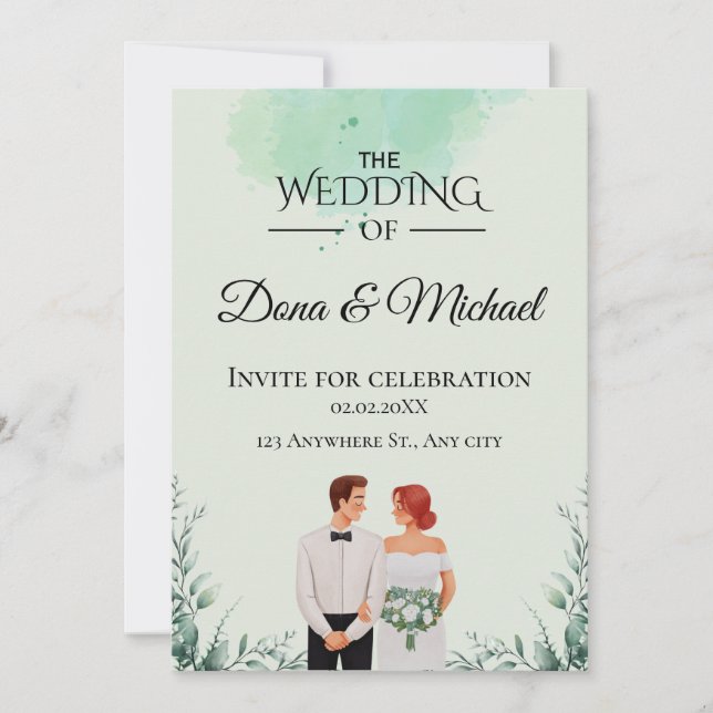 Custom green watercolor flowy wedding einladung (Vorderseite)