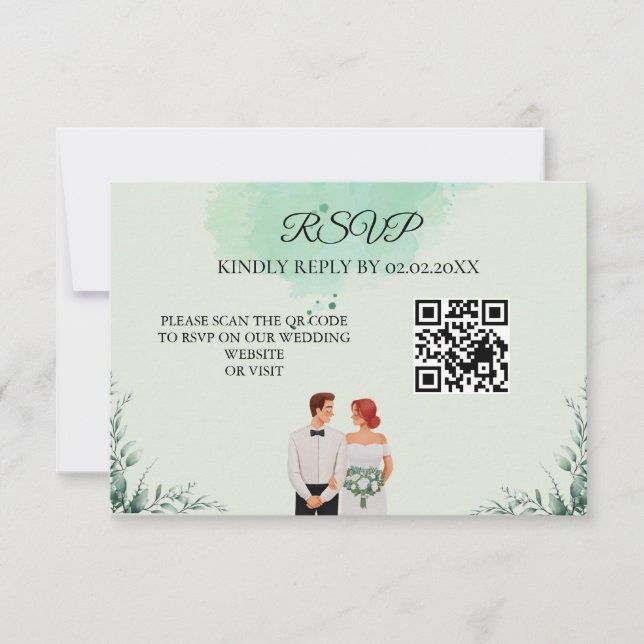 Custom green watercolor flowy wedding RSVP karte (Vorderseite)