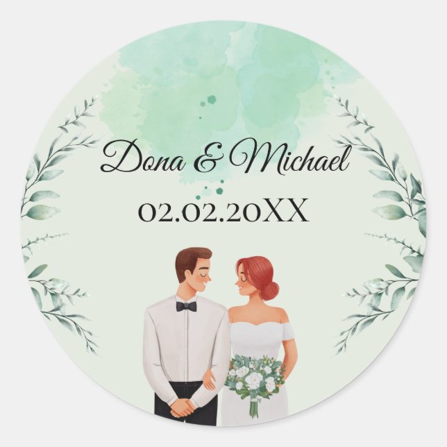 Custom green watercolor flowy wedding runder aufkleber (Vorderseite)