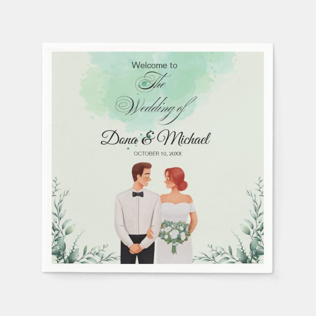 Custom green watercolor flowy wedding serviette (Vorderseite)