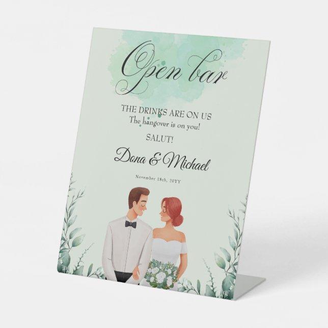 Custom green watercolor flowy wedding sockelschild (Vorderseite)