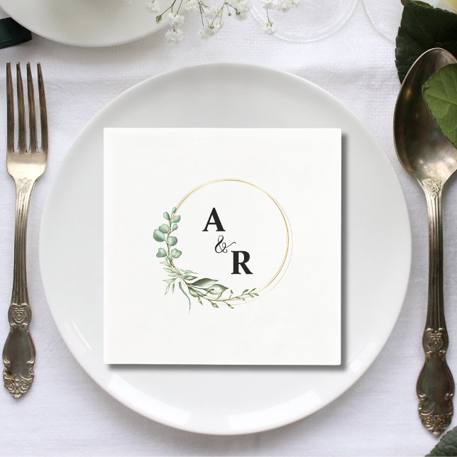 Custom Greenerity Couple Initials Wedding Paper Serviette (Custom greenery couple initials wedding paper napkins add fresh elegant charm to receptions.)