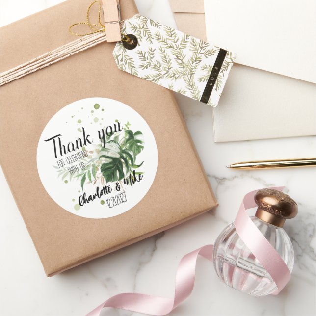 Custom Greenery Gastgeschenke Hochzeiten Tropical  Runder Aufkleber (Schenken)