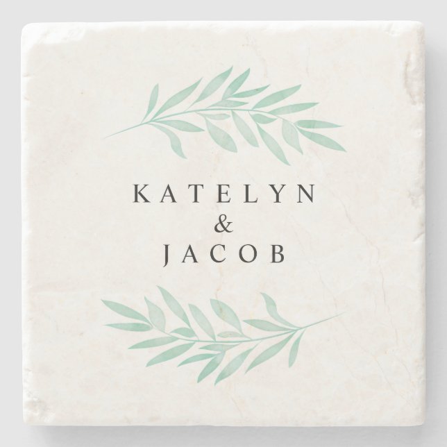 Custom Greenery Mint Watercolor Steinuntersetzer (Vorderseite)