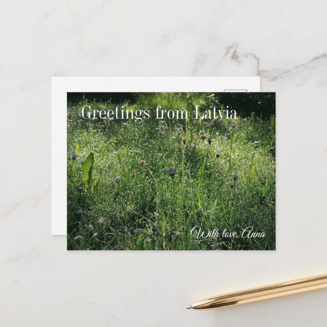 Custom Greetings from Latvia Wildflower Photograph Postkarte (Vorderseite/Rückseite Beispiel)