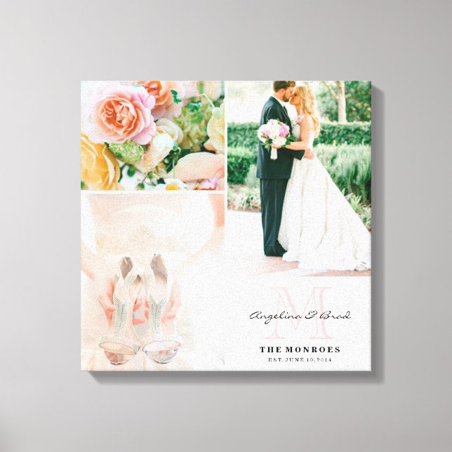 Custom Grey Floral Monogram Wedding Foto Collage Leinwanddruck (Vorderseite)