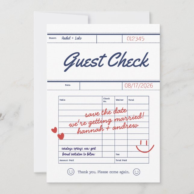 Custom Guest Check Wedding Save the Date Card (Vorderseite)