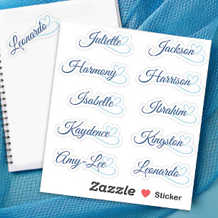 Custom Guest List 10 Names Blue Calligraphy Heart Aufkleber